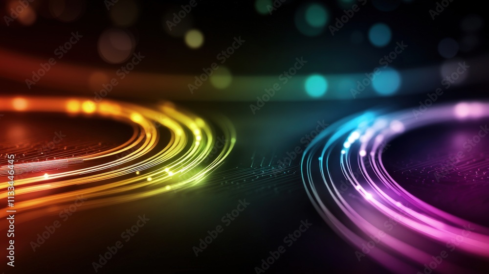 Poster abstract colorful glowing lines and bokeh lights on dark background.
