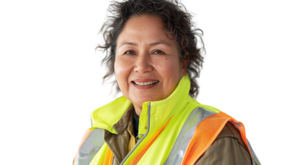 Mexican middle age female smiling in yellow warning vest safety on white background