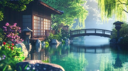 Fototapeta premium Serene Japanese garden with wooden house, bridge, and calm water.