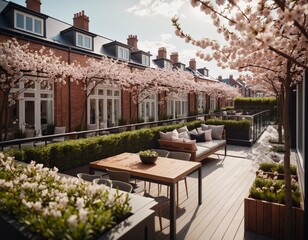 Naklejka premium Modern Terrace with Cherry Blossom Trees and Outdoor Furniture in Bloom