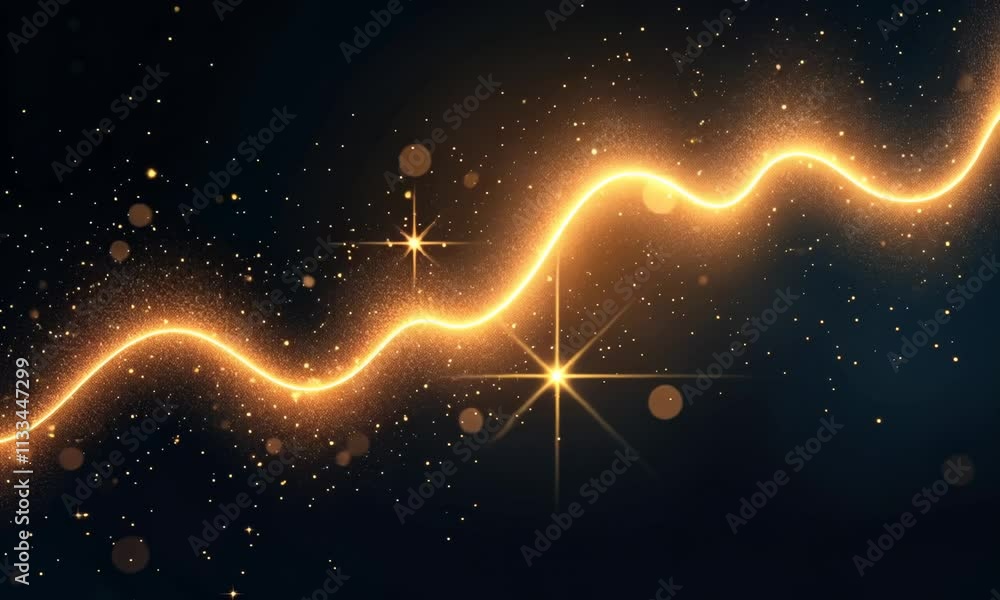 Poster golden luminous wave sparkles and twinkles in motion over a dark background
