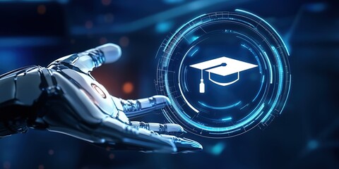 a cybernetic hand touches a halographic button with an image of an academic cap
