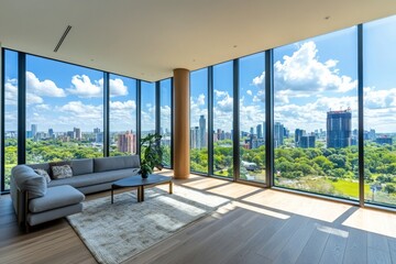 Fototapeta premium Modern empty room with large windows showcasing city skyline and greenery on a sunny day