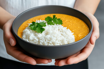 culinary table setting, a serving of indian dal and rice on a table in a bright scandinavian kitchen, with a large window and festive decorations text space available