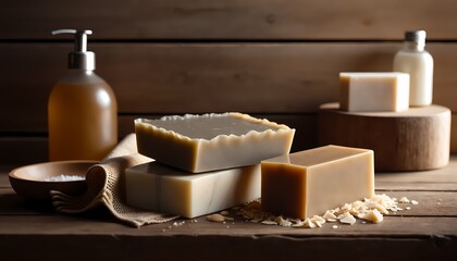 Three bars of soap are stacked on top of each other on a wooden table handcrafted product