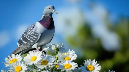 Obraz premium Bright white daisies with a perched gray pigeon, softly blurred blue sky in the background, ideal for a cheerful wallpaper.