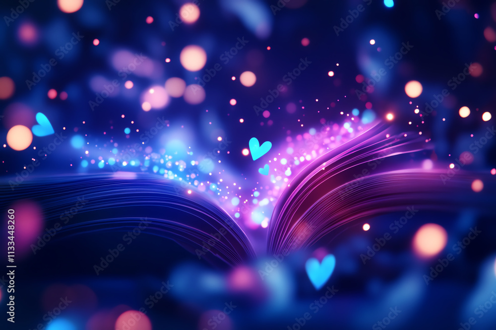 Poster an enchanting open book illuminated by colorful lights and sparkling hearts.