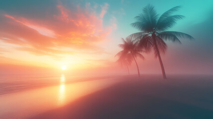 Fototapeta premium Serene sunset over a tropical beach with silhouettes of palm trees and vibrant colors.