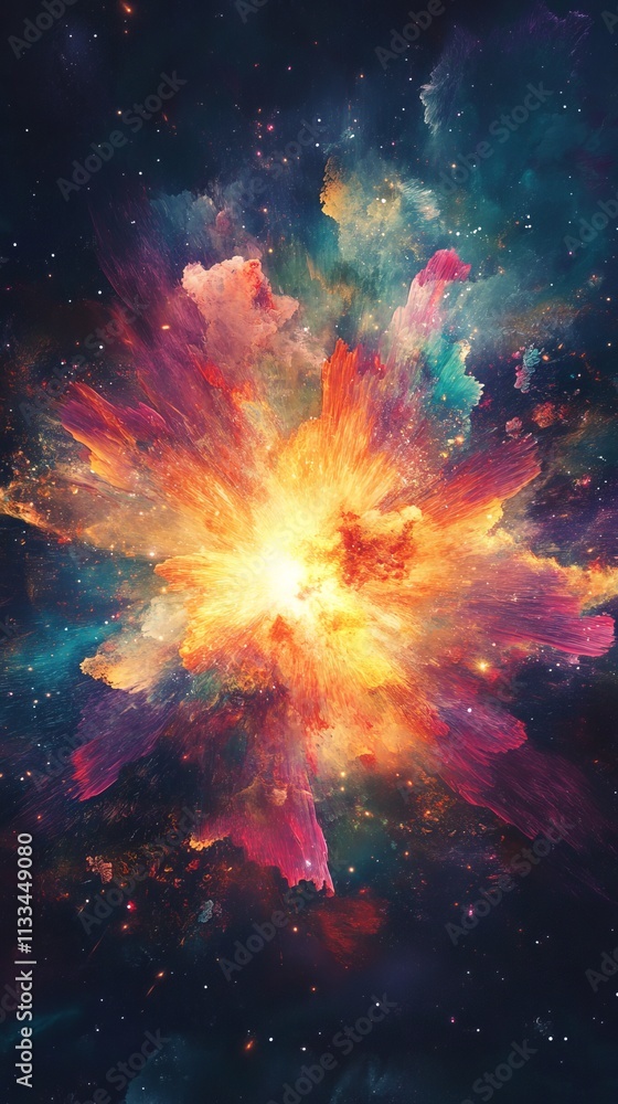 Poster a captivating cosmic explosion showcasing radiant colors blending seamlessly with deep space tones, 
