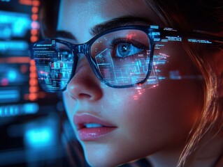 Software engineer working with futuristic augmented reality glasses and hud interface