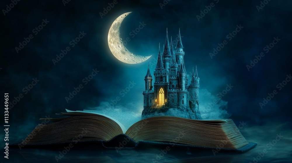 Poster enchanting illustration of a glowing castle rising from an open book under a crescent moon, surround