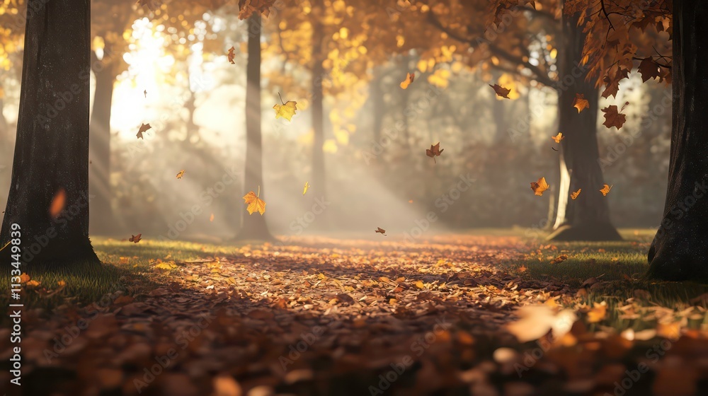 Poster a peaceful autumn landscape with fallen leaves scattered across the ground and soft sunlight filteri