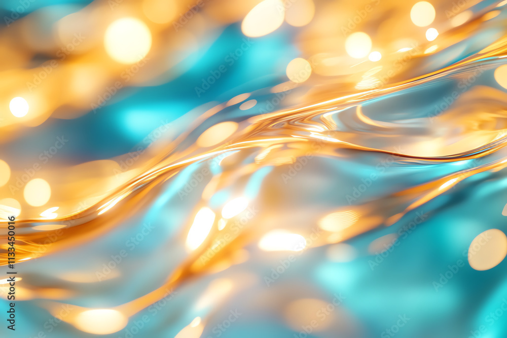 Poster abstract image of shimmering water with golden and blue reflections and soft light bokeh.