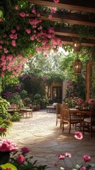 Obraz premium Beautiful pink roses lining a serene garden pathway with soft sunlight filtering through