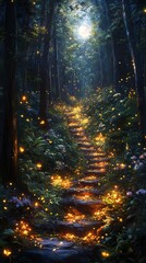 Obraz premium A serene forest path illuminated by fireflies, inviting exploration and tranquility.