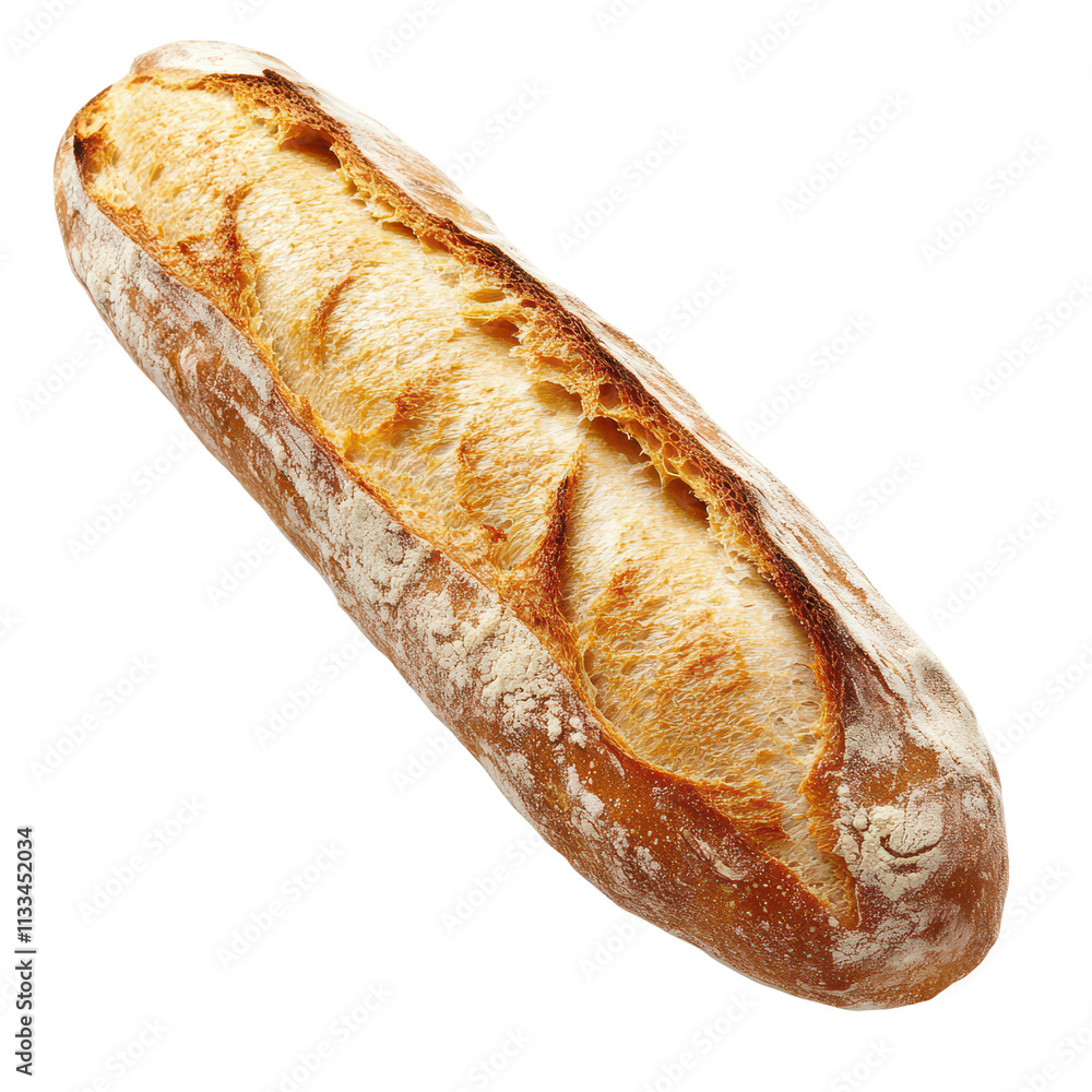 Poster freshly baked baguette displayed against a clean, transparent background highlighting its rustic tex