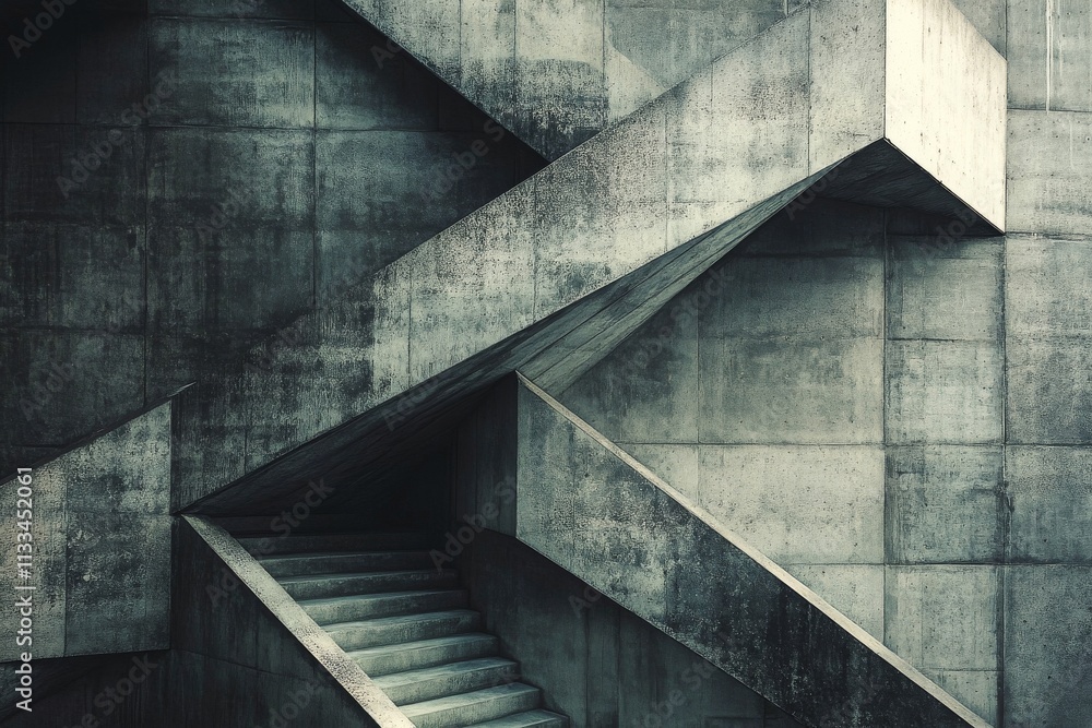 Poster innovative architectural design featuring angular concrete staircases in an open space