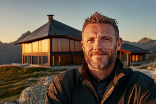 Man stands confidently in front of modern mountain cabin during sunset in a serene mountainous landscape
