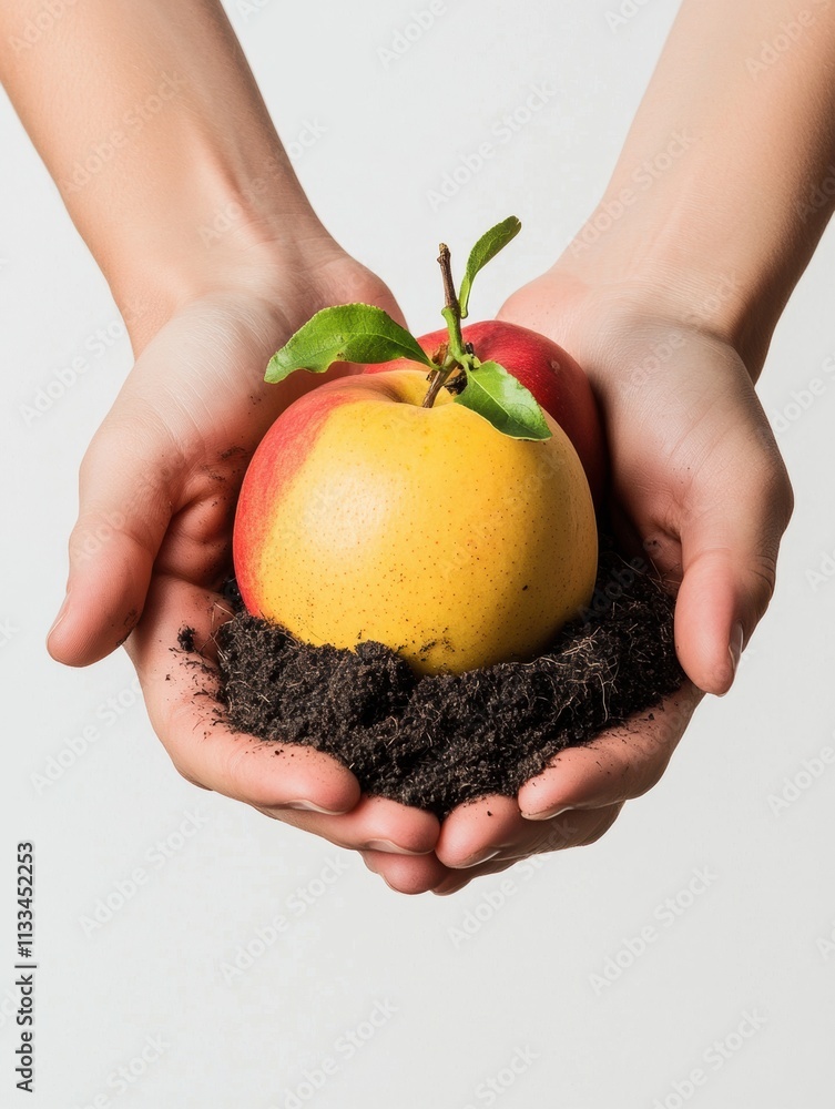 Poster two hands gently support a yellow and red apple nestled in dark soil, symbolizing growth and connect