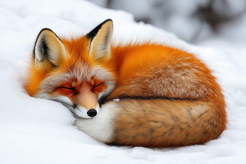 Obraz premium Red Fox Curled Up in Fresh Snow, Blending into Winter Landscape