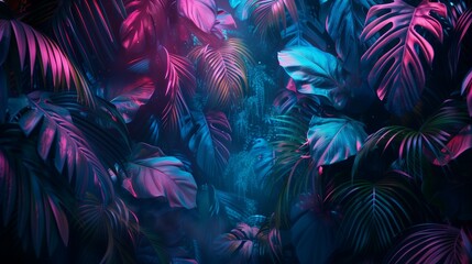 Vibrant Neon Leaves in a Mystical Jungle Setting