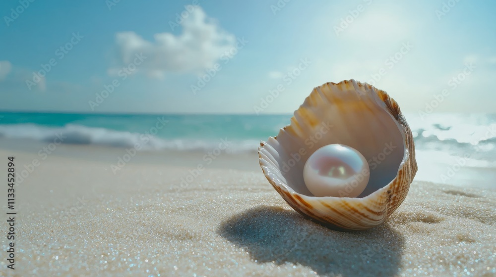 Poster a pristine pearl resting inside an open seashell on fine beach sand, with a tranquil ocean and soft 