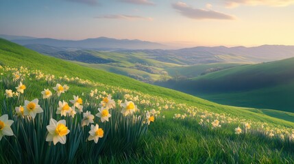 Fototapeta premium Rolling hills covered in fresh spring grass with clusters of bright daffodils, under a soft blue sky and warm morning light, capturing a peaceful countryside view.