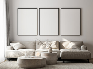 Frame mockup, ISO A paper size. Living room wall poster mockup. Interior mockup with house background. Modern interior design. 3D render 