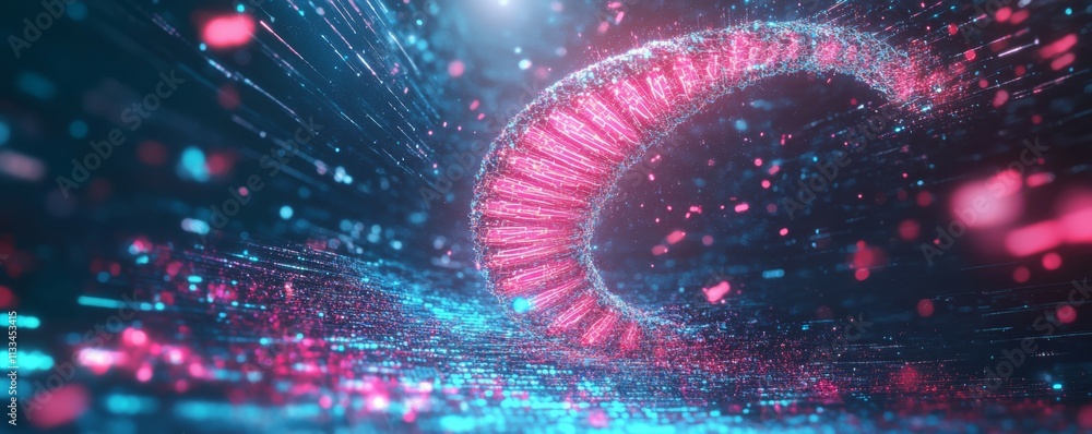 Poster abstract representation of a digital key resembling a dna strand made of glowing data, unlocking per