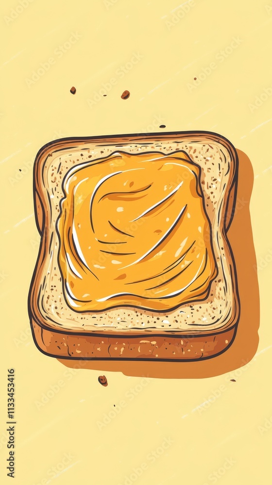Poster hand-drawn style of toast with peanut butter spread on a light yellow background, showcasing a textu