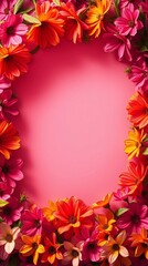 Fototapeta premium frame made of pink and yellow flowers, spring 
