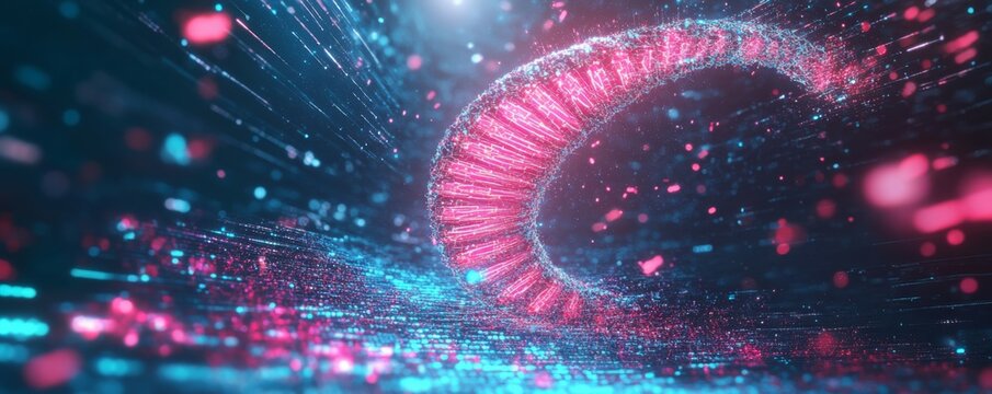 Abstract representation of a digital key resembling a DNA strand made of glowing data, unlocking personalized access, Digital Key, biometric key, genetic acces