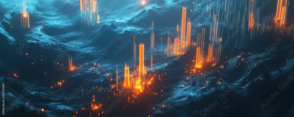 Poster abstract trading chart with big data and infographics. 3d fintech concept background with glowing ca