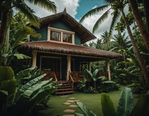 Cozy Tropical Home Amidst Lush Greenery Surrounded by Palm Trees and Vegetation