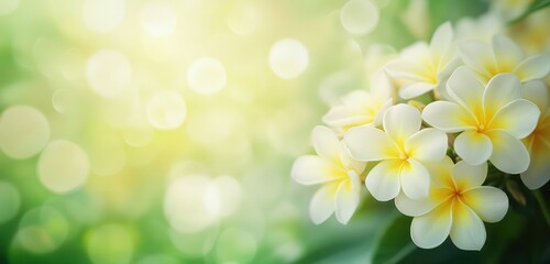 White and yellow Plumeria blossoms with a tropical vibe, softly blurred green background for an inviting wallpaper.