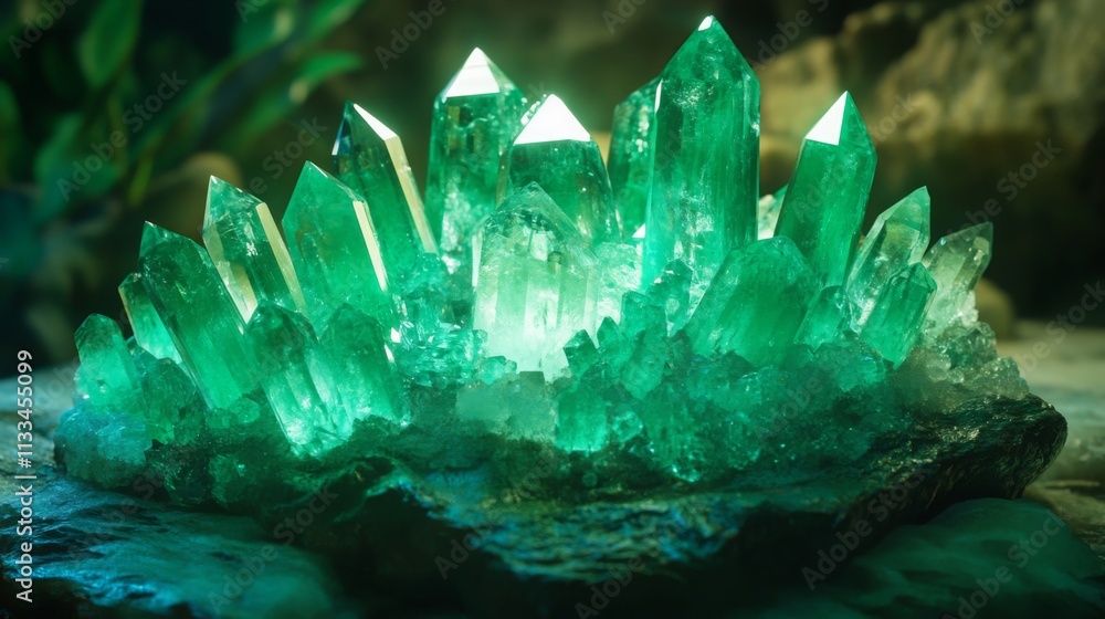 Poster A stunning cluster of green gemstones glows softly in a natural environment, highlighting sharp crystal formations and vibrant hues. The stones shimmer with internal light, showcasing their beauty.