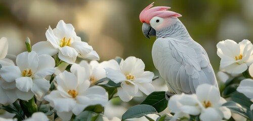 White gardenia blossoms with a perched pink and gray cockatoo, gently blurred background for a stylish floral wallpaper.