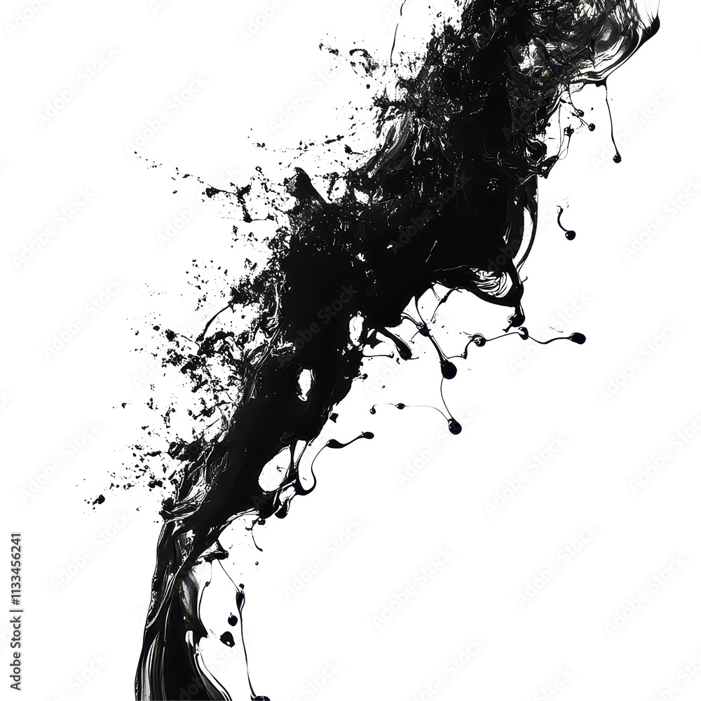 Poster dynamic abstract black ink splash on a clean transparent background showcasing artistic fluid motion