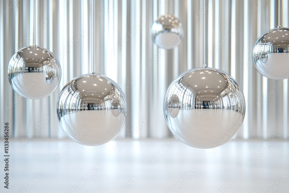 Aufkleber a series of little mirrored spheres hang elegantly in front of a high curtain, creating a stunning v