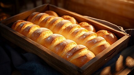 A wooden box filled with lots of bread sitting on top of a table