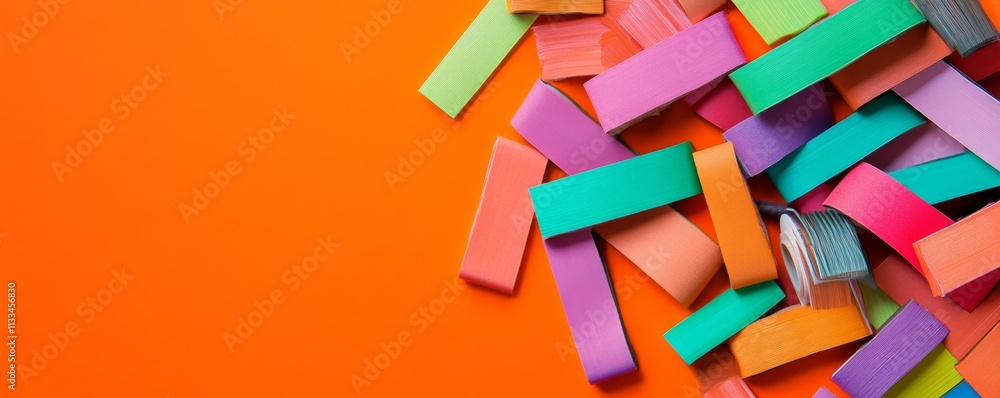 Poster big data visualization concept - histogram of colored adhesive tapes on an orange background