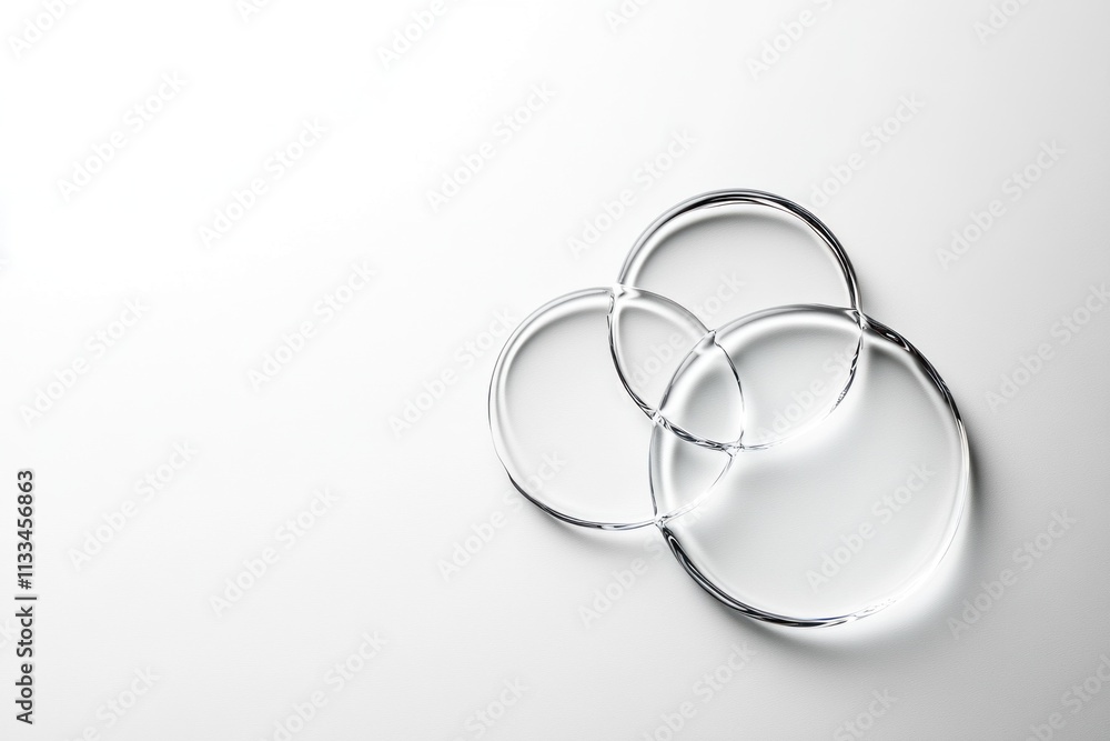 Poster three distinct water droplets are artistically arranged, capturing and reflecting soft light on a sm