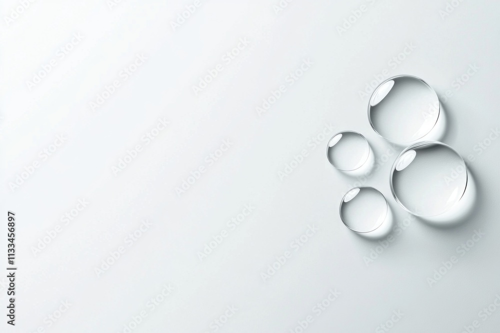Poster water droplets are positioned elegantly on a plain surface, capturing light and reflections. their s