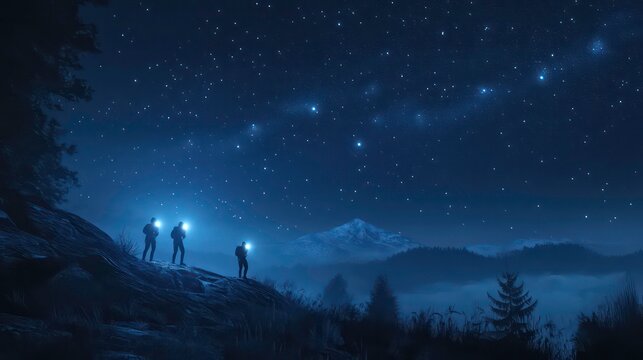 A night scene of climbers using headlamps, with stars filling the sky.
