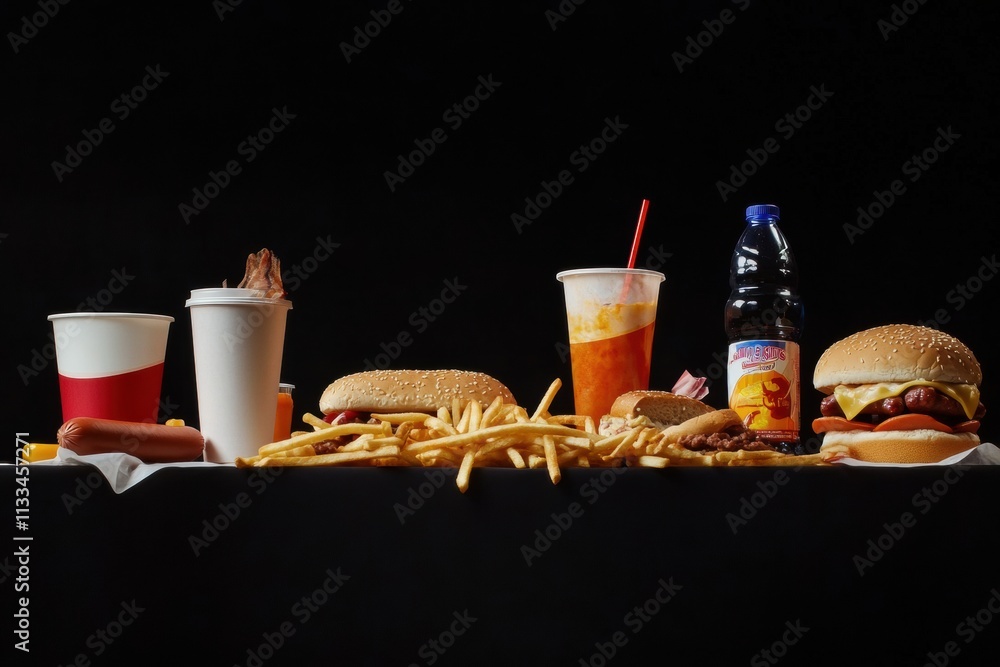 Poster a table showcases a variety of tasty fast food items including crispy fries, delicious hot dogs, and