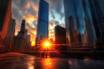 Stunning sunrise over Chicago's skyscrapers, casting a fiery glow on the cityscape.
