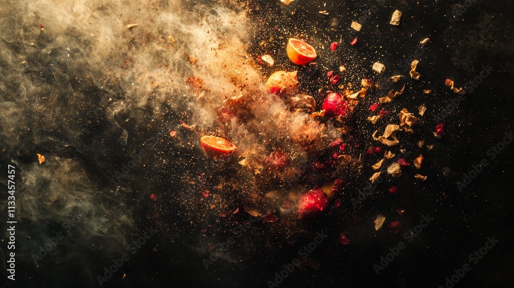 Aufkleber exploding fruit and spices in a dramatic burst of motion