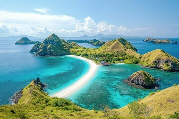 Stunning coastal view of tropical island with crystal clear waters and vibrant green hills