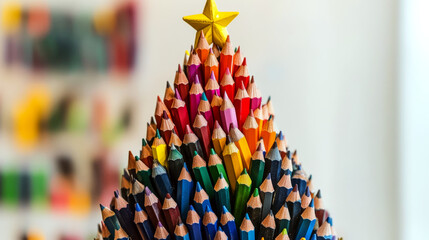 Obraz premium Colored pencils arranged in the shape of a Christmas tree with a golden star on top. Concept of creativity and festive decoration. For creative holiday-themed designs