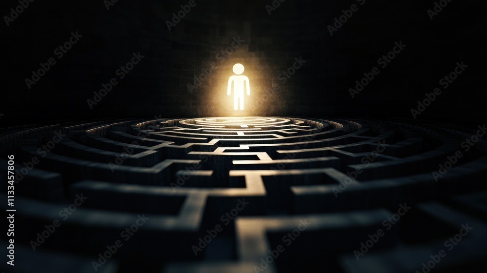 Poster a glowing figure radiates light in the center of a challenging maze, creating a stark contrast again